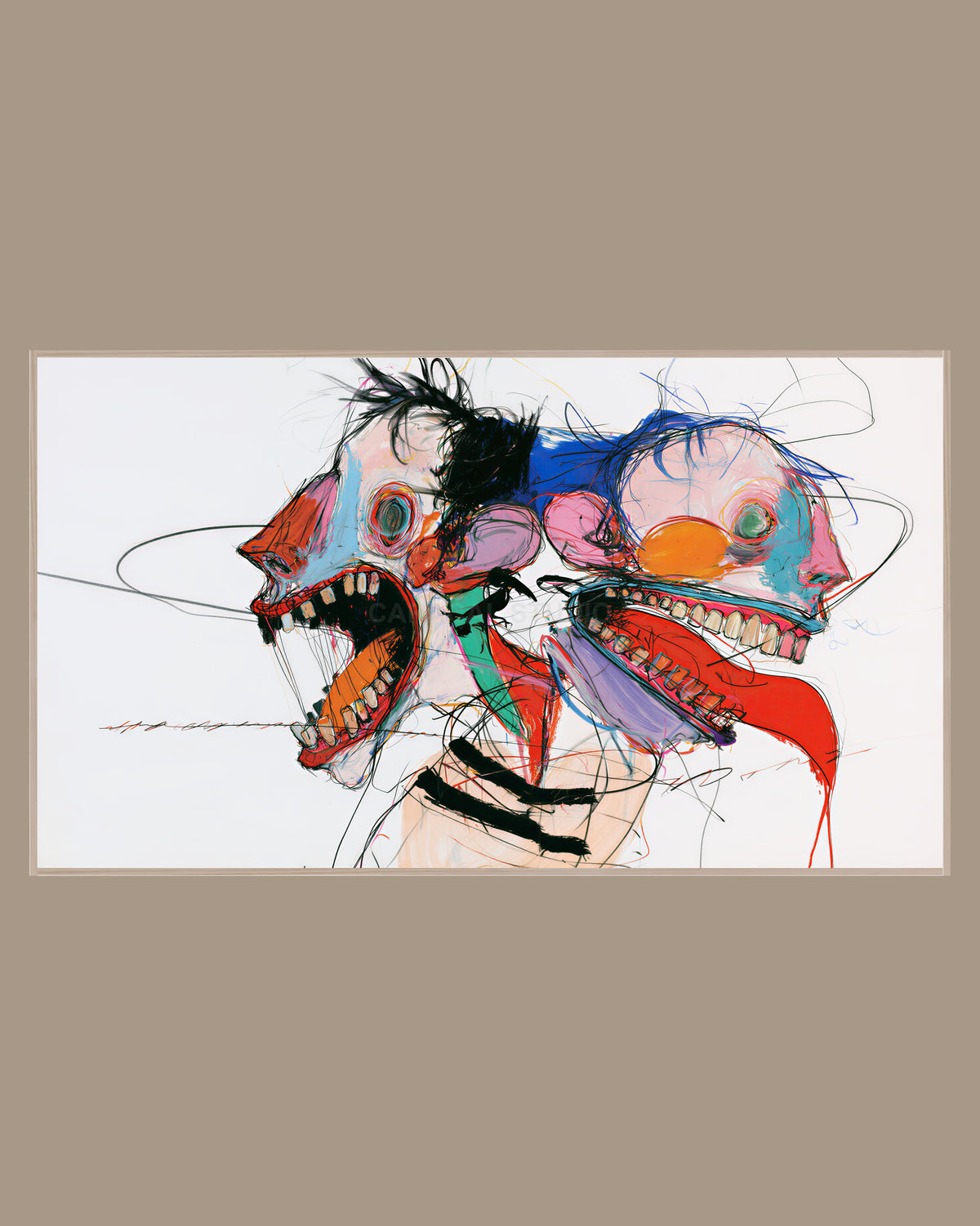 Abstract Frame TV Art of two wild screaming faces with sharp teeth drawn in loose, tangled lines and splashes of red, blue and pink on white, in a light wood frame on a warm taupe wall