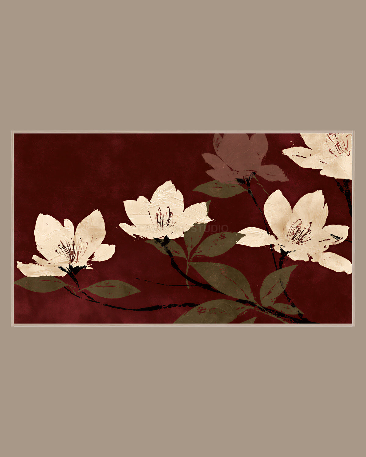 Botanical Frame TV Art of large cream blossoms and dusky leaves on dark branches against a deep burgundy background, painted with thick, expressive strokes, in a light wood frame on a warm taupe wall