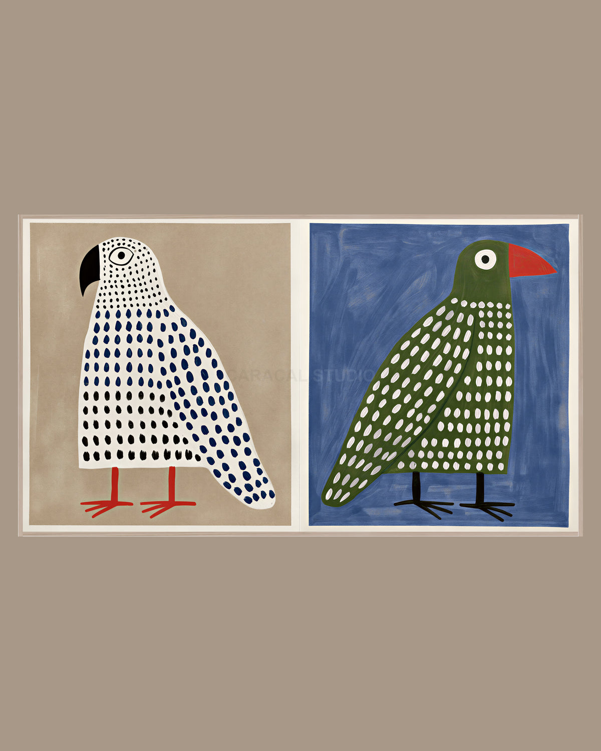 Bird Frame TV Art of two folk art birds with polka dots on taupe and blue panels, in a light wood frame on a warm taupe wall