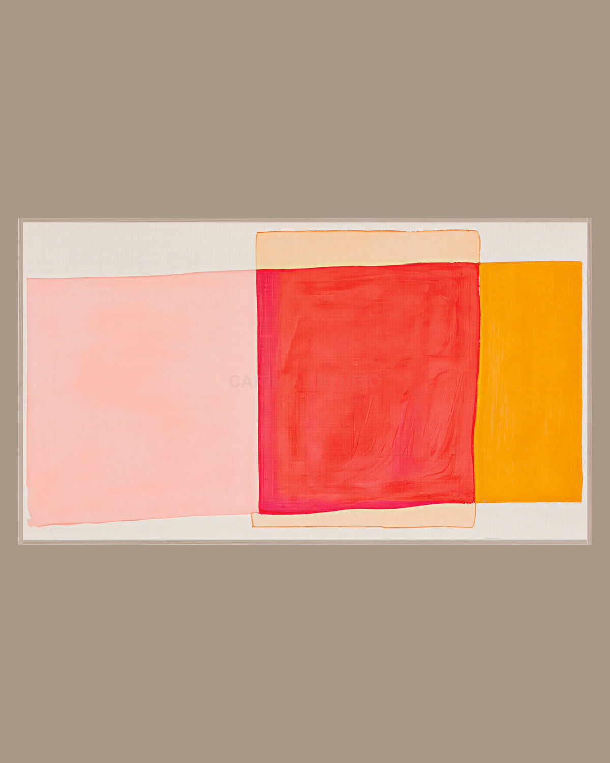Abstract Frame TV Art of soft blocks of blush pink, red and orange on a warm cream ground, with visible brush texture, in a light wood frame on a warm taupe wall