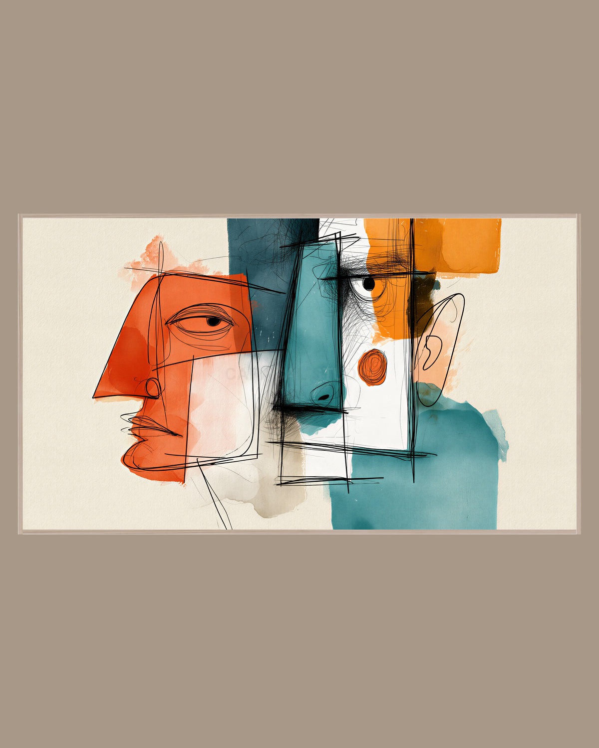 Abstract Frame TV Art of overlapping faces drawn in thin black lines with patches of orange, blue and teal watercolor on cream paper, in a light wood frame on a warm taupe wall