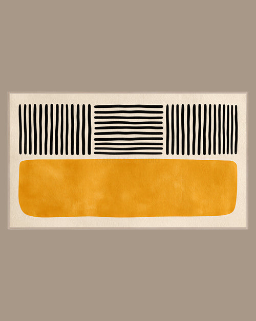 Abstract Frame TV Art of rows of black brush lines above a wide mustard yellow block on a warm beige background, in a light wood frame on a warm taupe wall