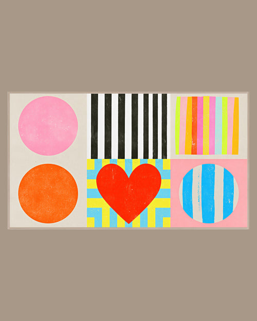 Abstract Frame TV Art of six blocks of bold shapes with circles, stripes and a red heart, in a light wood frame on a warm taupe wall