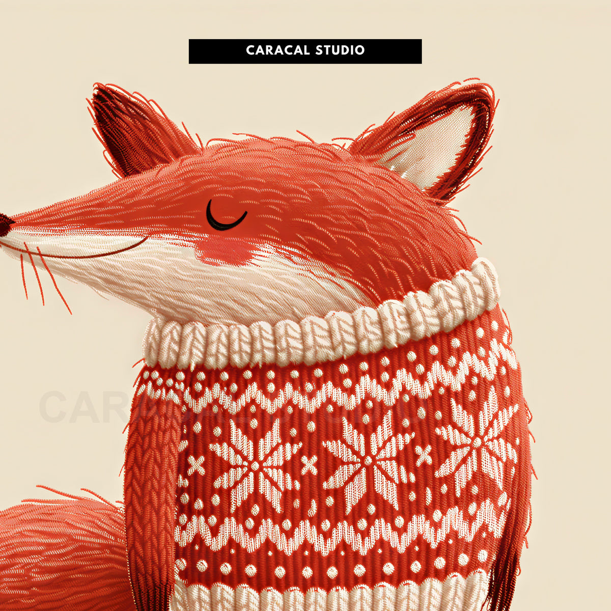 Close-up of the knit snowflake pattern and the fox's soft fur