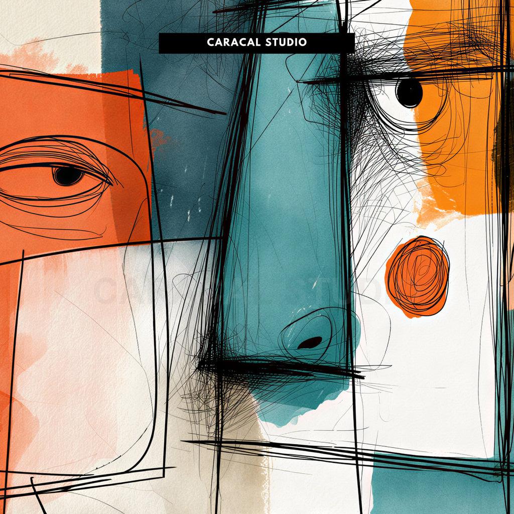 Close-up of the black line work and the orange and teal washes
