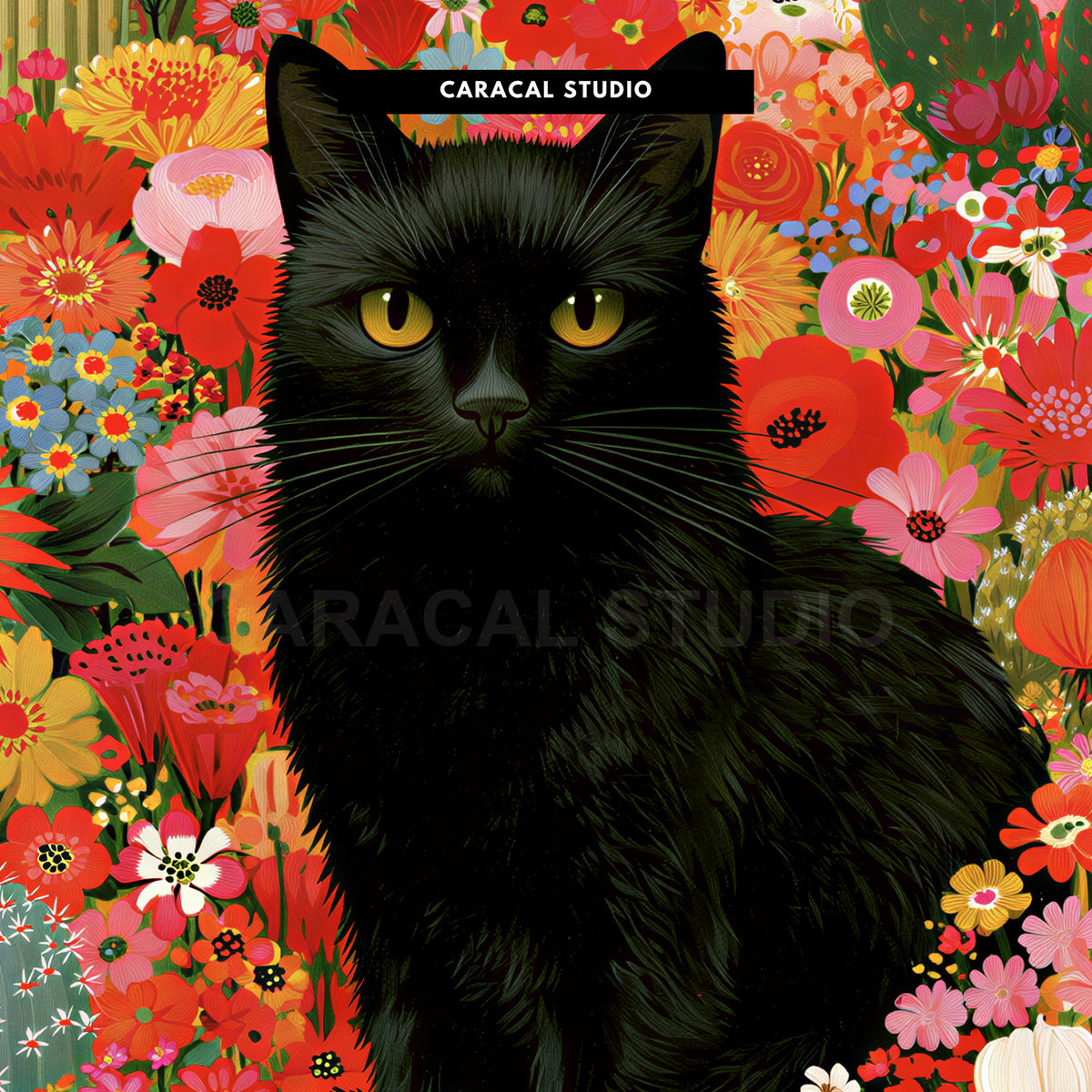 Close-up of the black cat's yellow eyes among the flowers