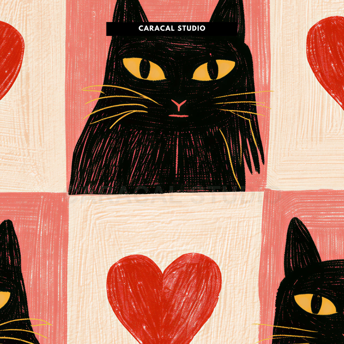 Close-up of the hand-drawn texture: a black cat's yellow eyes and a red heart
