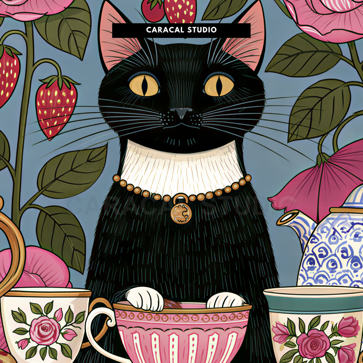 Close-up of the black cat's yellow eyes among the teacups