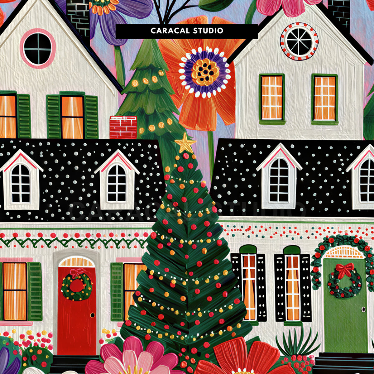 Close-up of the doors with wreaths, the lit tree and the folk flowers