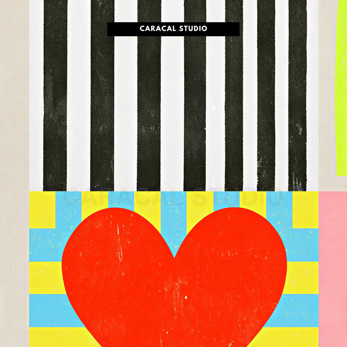 Close-up of the grainy print texture of the red heart and the stripes