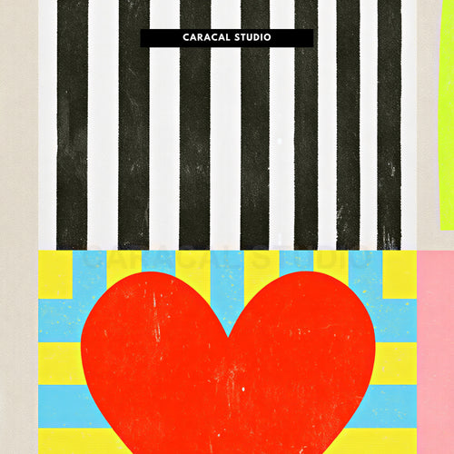 Close-up of the grainy print texture of the red heart and the stripes