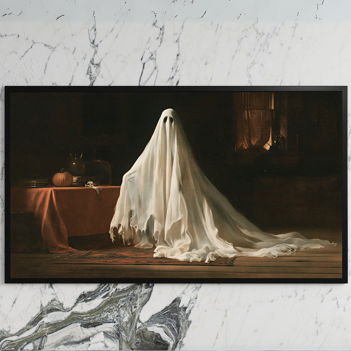 Vintage ghost art on a black TV on a white marble wall