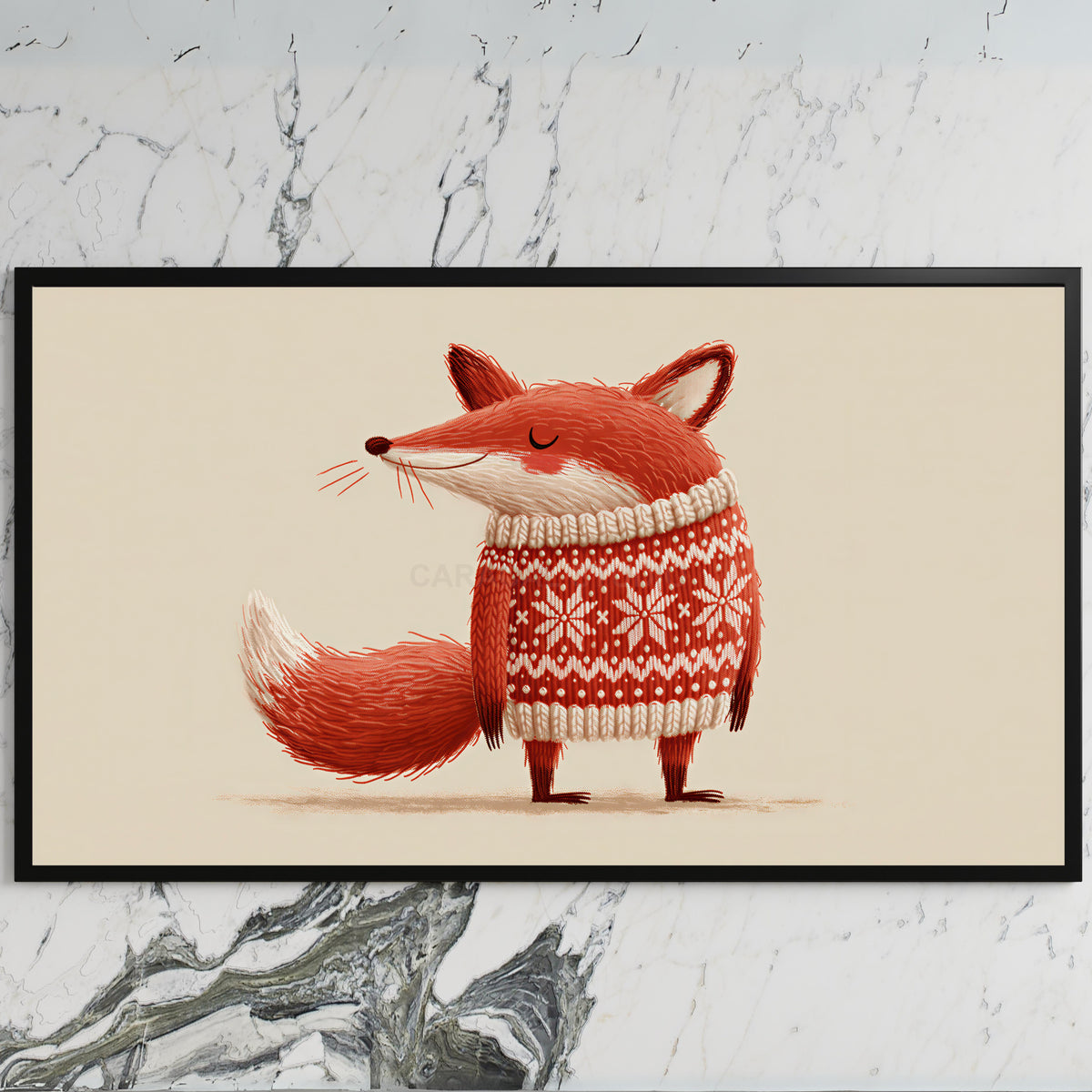 Fox in a holiday sweater art on a black TV on a white marble wall