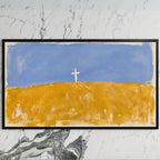 Cross on a golden field art on a black TV on a white marble wall