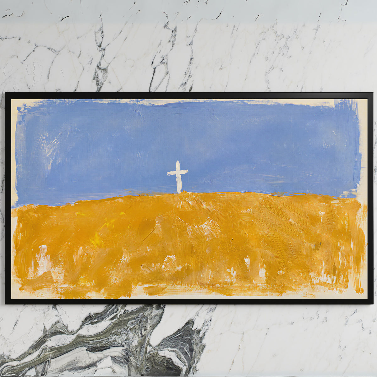 Cross on a golden field art on a black TV on a white marble wall