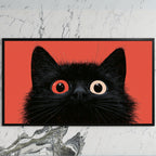 Black cat with big eyes art on a black TV on a white marble wall