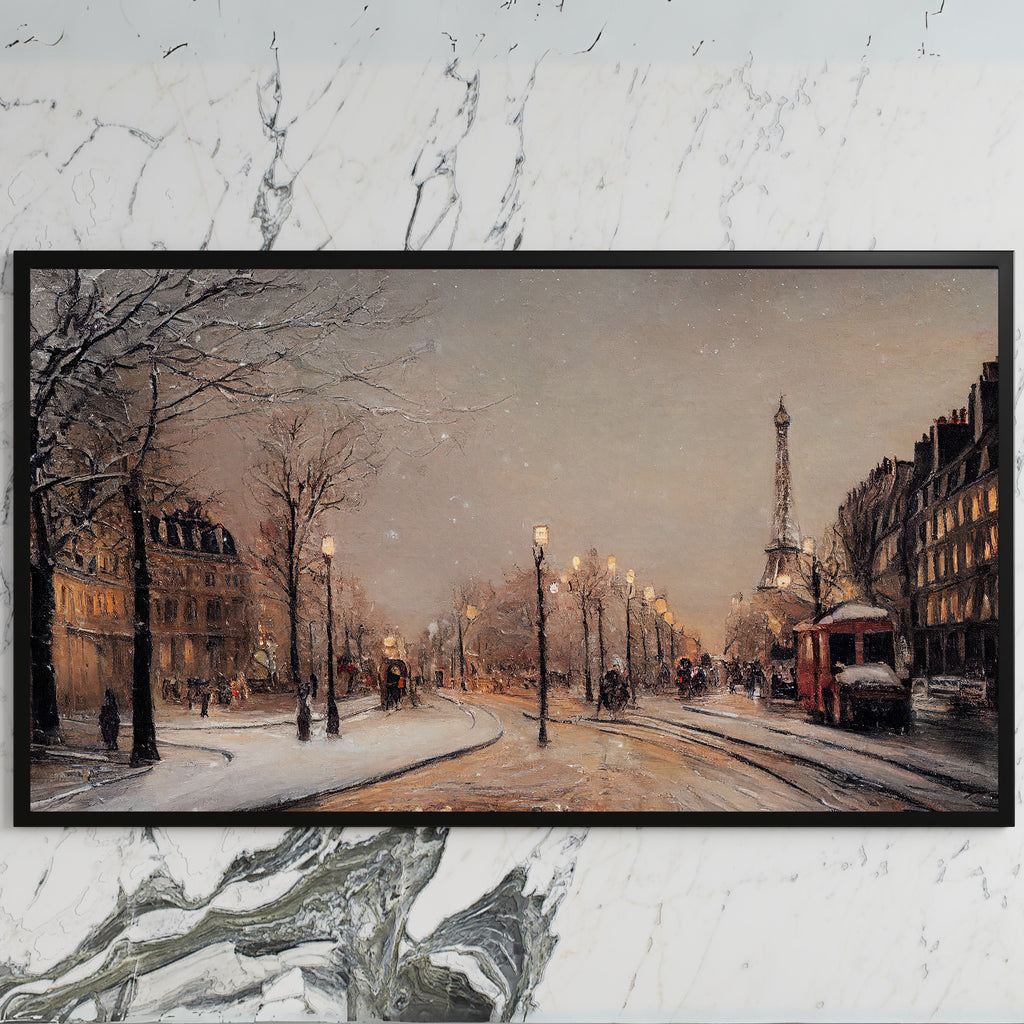 Paris street in snow art on a black TV on a white marble wall