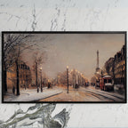 Paris street in snow art on a black TV on a white marble wall