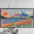 Crayon Mount Fuji art on a black TV on a white marble wall