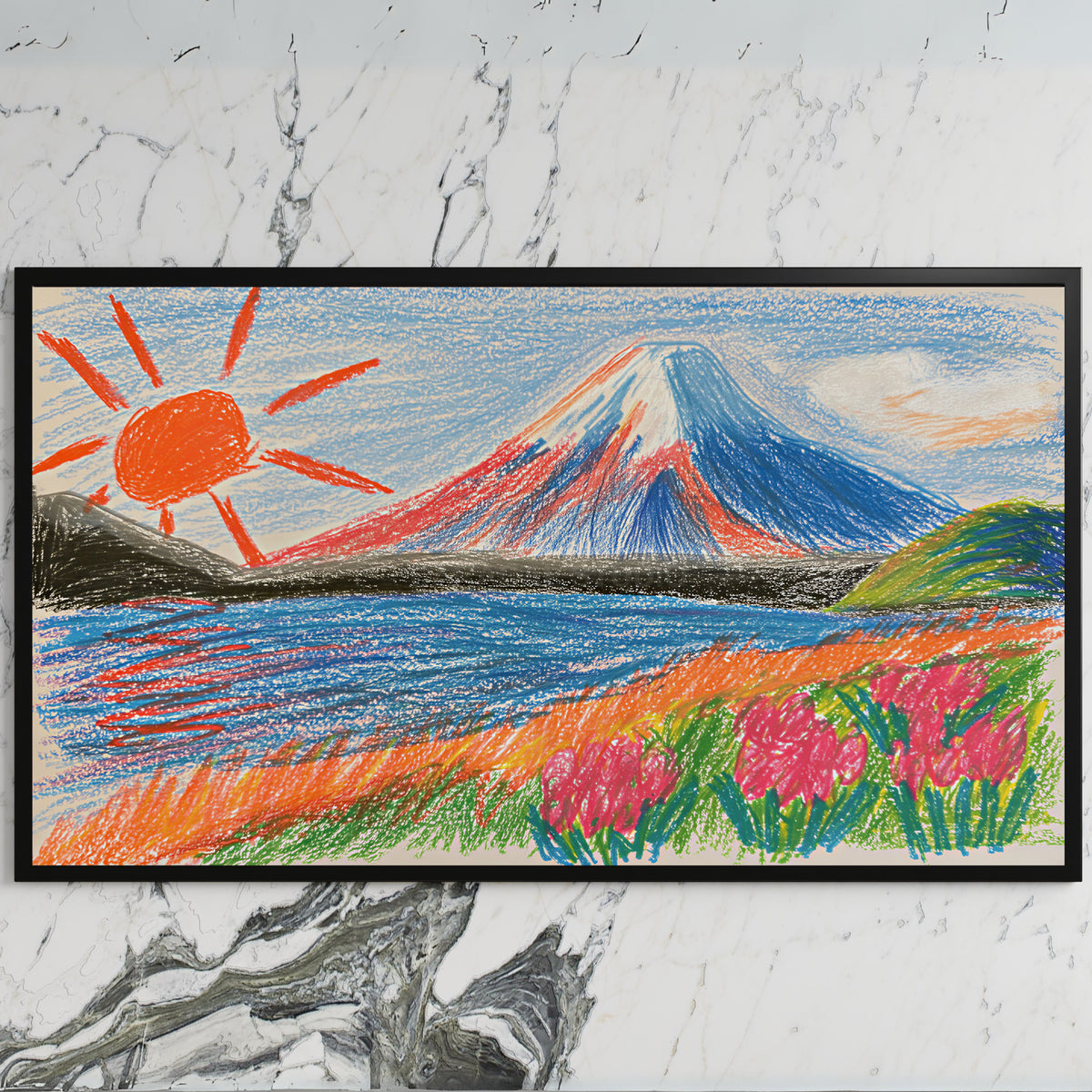 Crayon Mount Fuji art on a black TV on a white marble wall