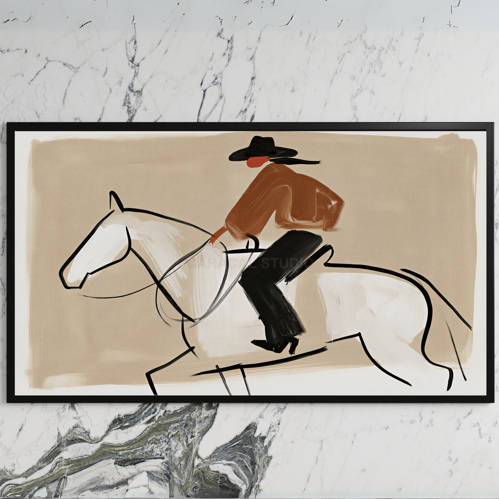 Cowboy on a horse art on a black TV on a white marble wall