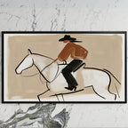Cowboy on a horse art on a black TV on a white marble wall