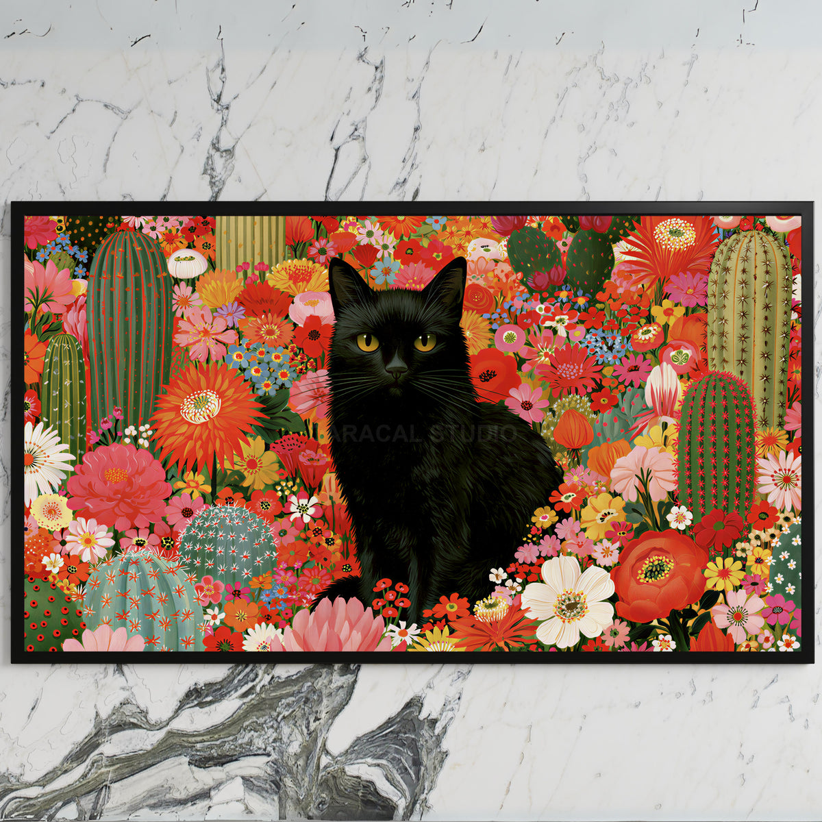 Black cat in a flower garden art on a black TV on a white marble wall