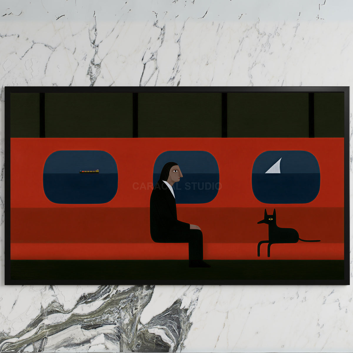 Ferry man and black dog art on a black TV on a white marble wall
