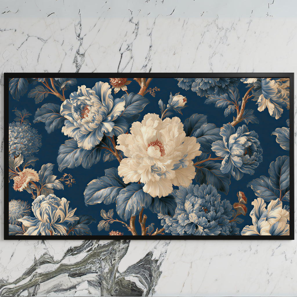 Blue and cream peonies art on a black TV on a white marble wall