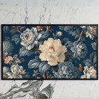 Blue and cream peonies art on a black TV on a white marble wall