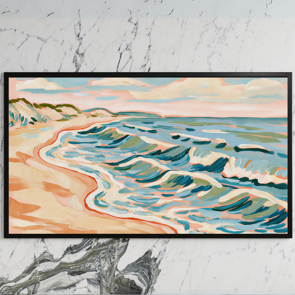 Beach waves art on a black TV on a white marble wall