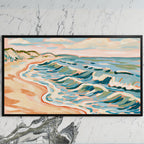 Beach waves art on a black TV on a white marble wall