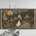 Ghost village art on a black TV on a white marble wall