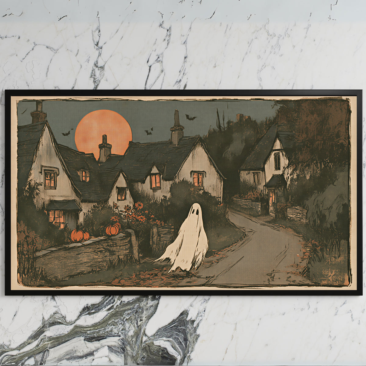 Ghost village art on a black TV on a white marble wall