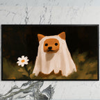 Shiba inu ghost art on a black TV on a white marble wall