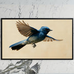 Blue flycatcher art on a black TV on a white marble wall