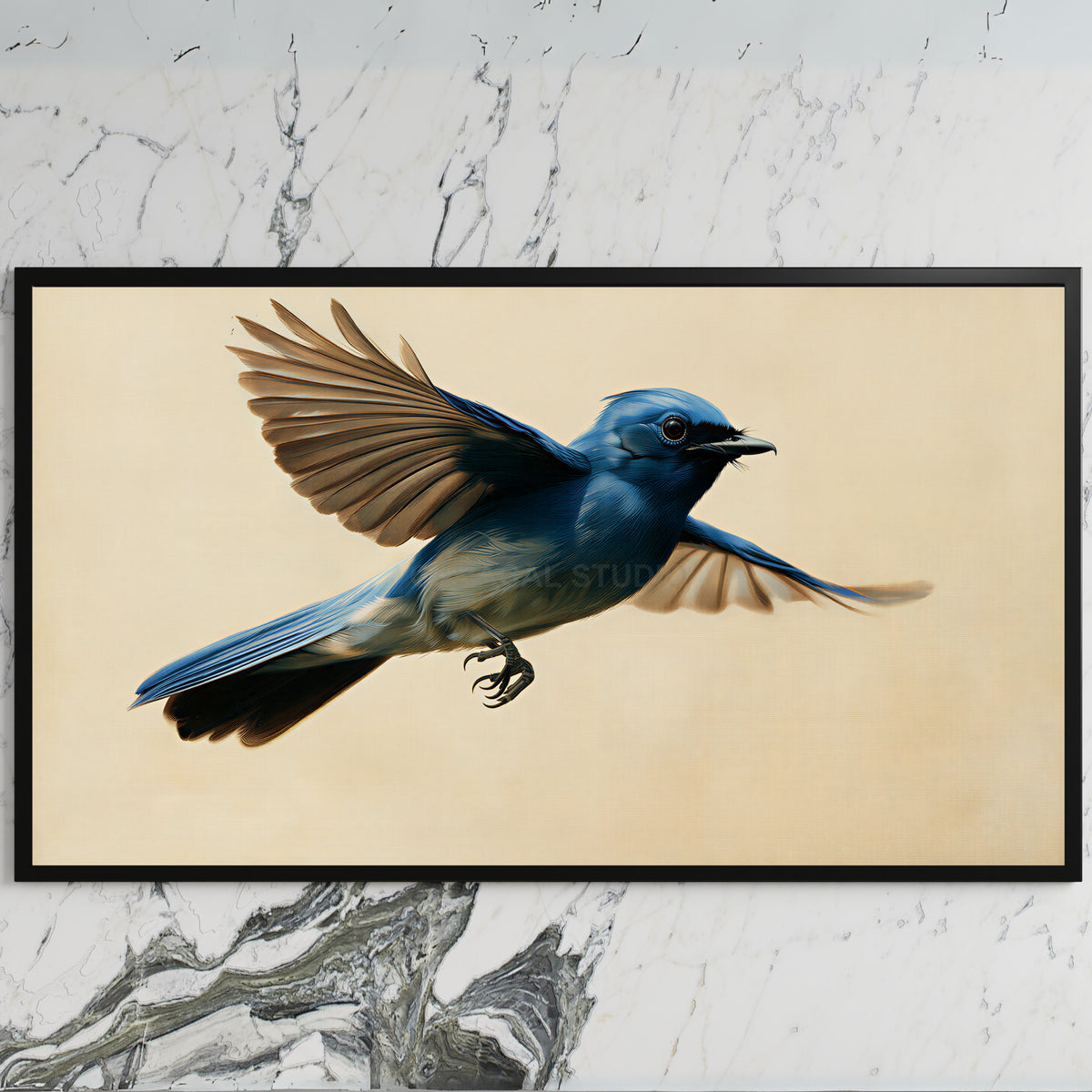 Blue flycatcher art on a black TV on a white marble wall