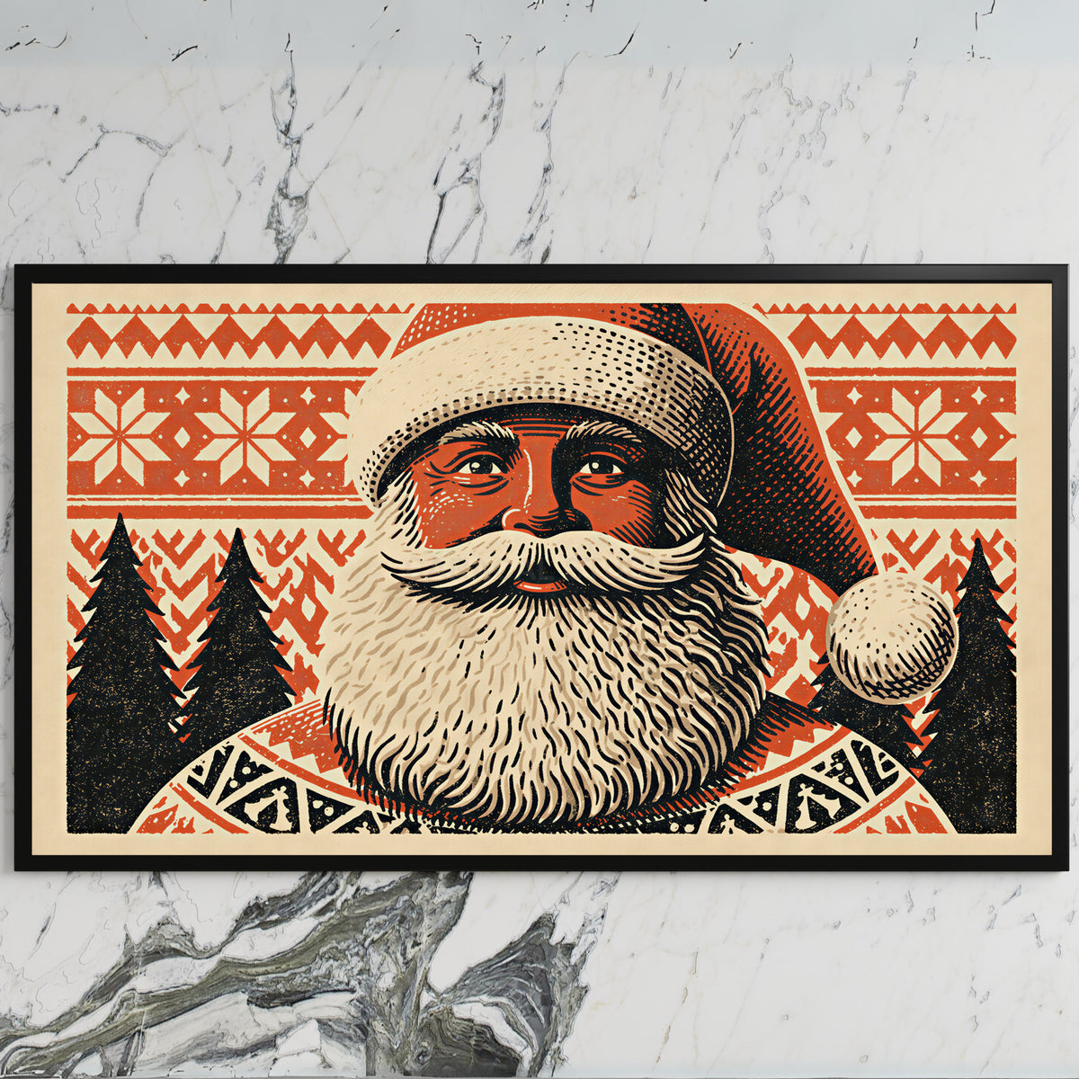 Santa portrait art on a black TV on a white marble wall