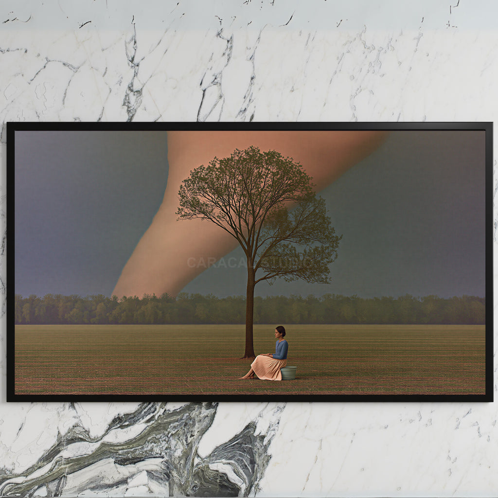 Storm field tree art on a black TV on a white marble wall