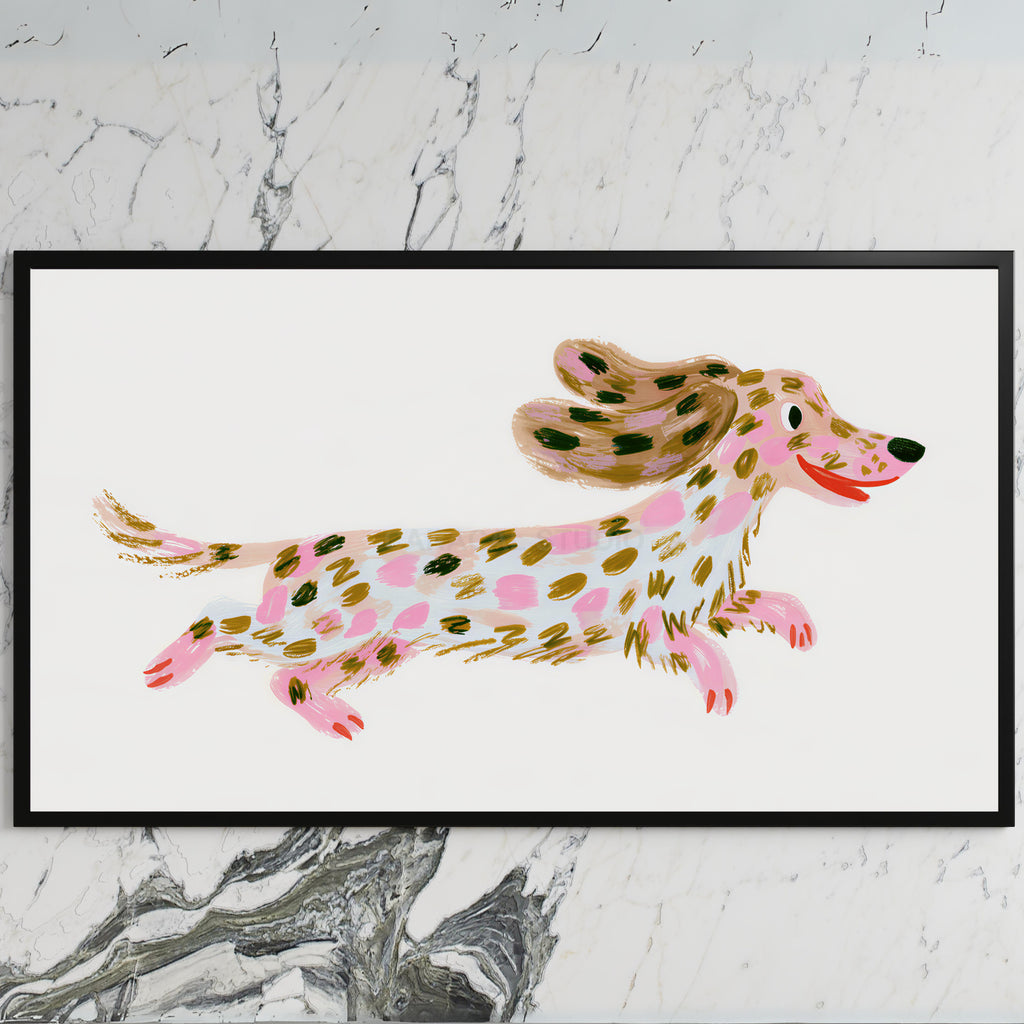 Running dachshund art on a black TV on a white marble wall