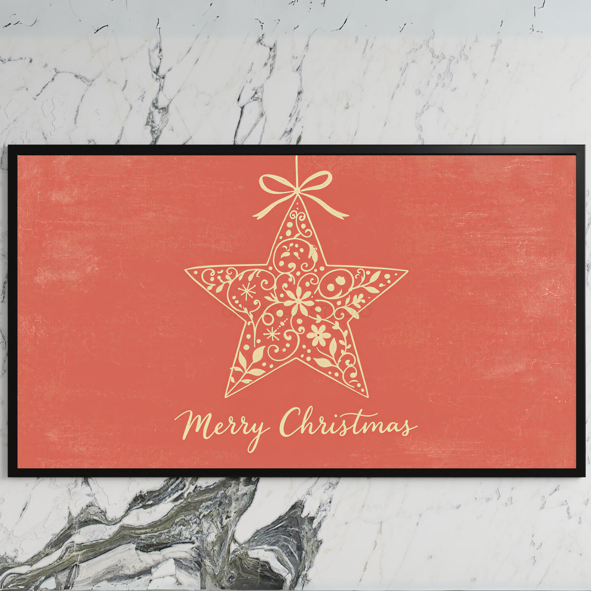 Star ornament art on a black TV on a white marble wall