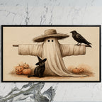The ghost scarecrow art on a black TV on a white marble wall