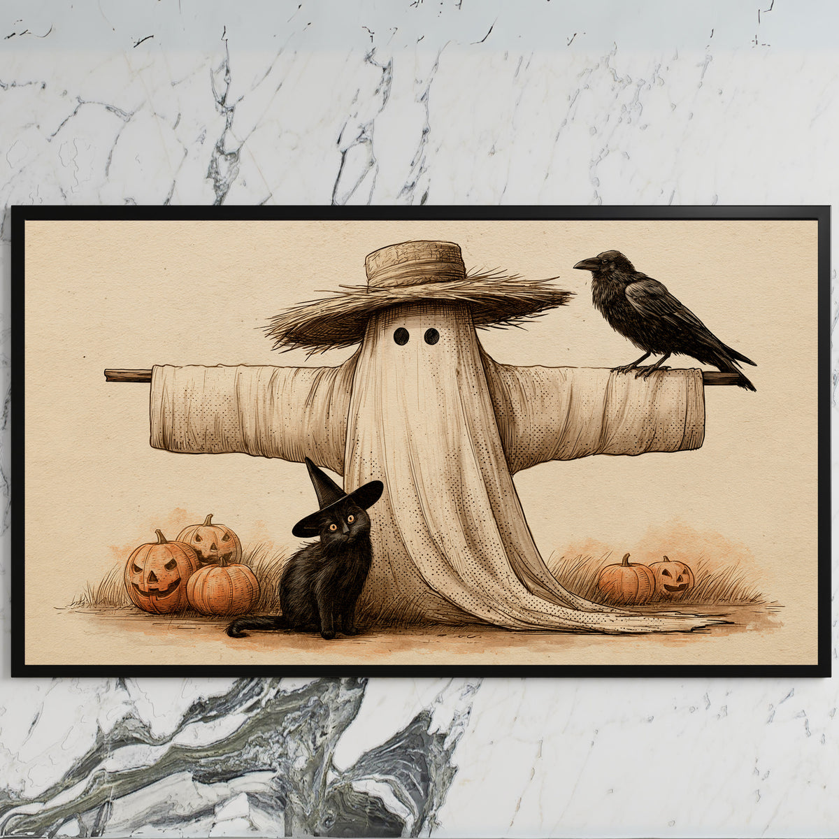 The ghost scarecrow art on a black TV on a white marble wall