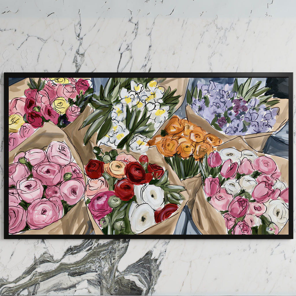 Flower bouquets art on a black TV on a white marble wall
