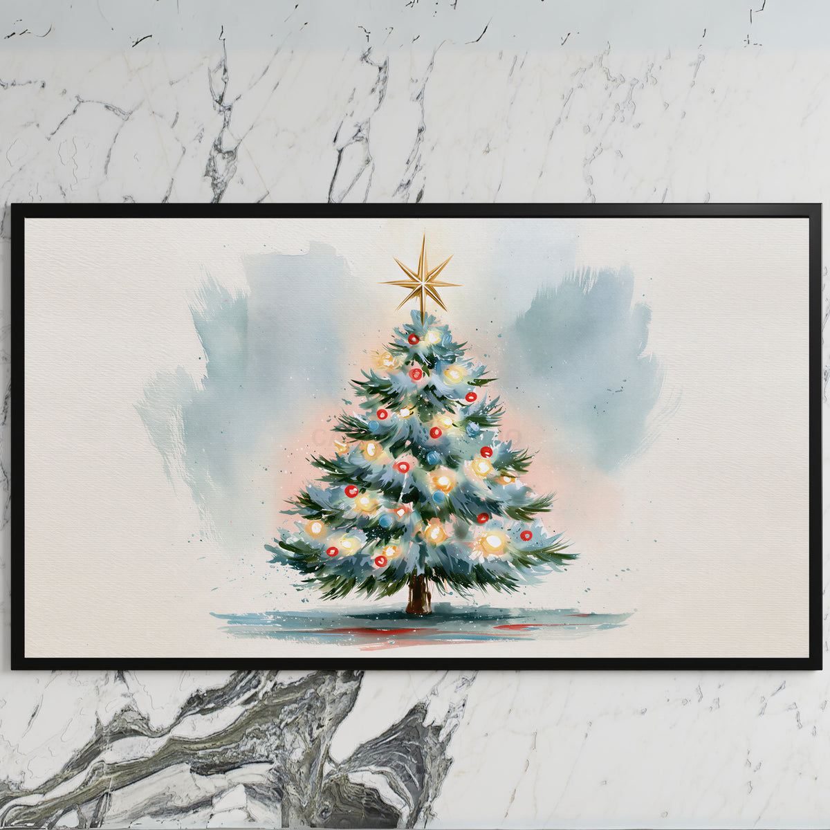 Watercolor Christmas tree art on a black TV on a white marble wall