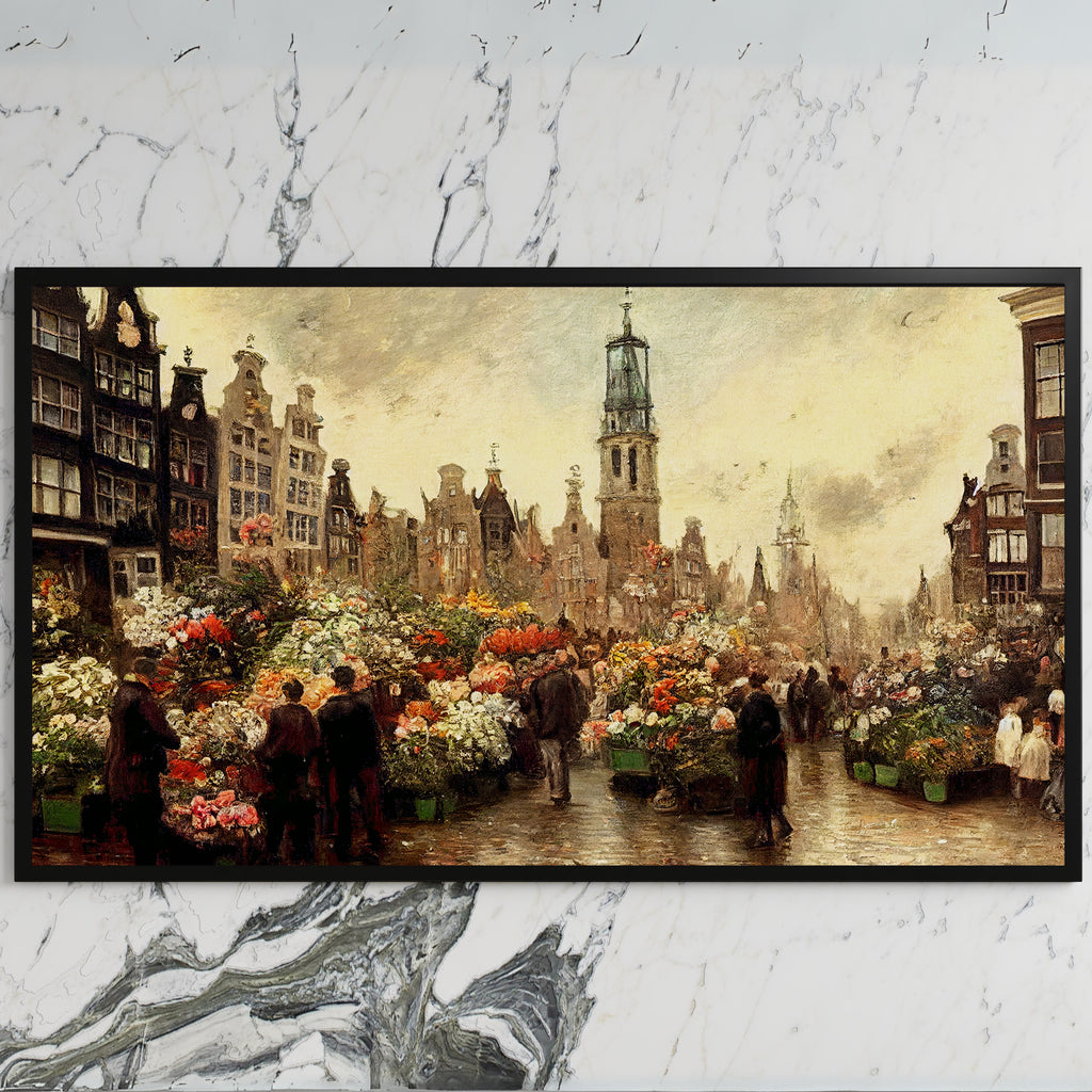 Amsterdam flower market art on a black TV on a white marble wall