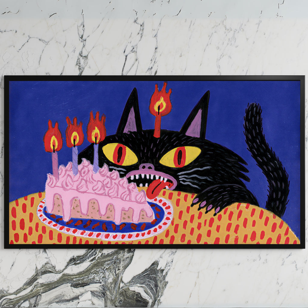 Birthday cat art on a black TV on a white marble wall
