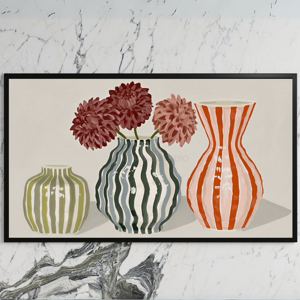 Striped vases art on a black TV on a white marble wall