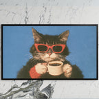 Coffee cat in sunglasses art on a black TV on a white marble wall