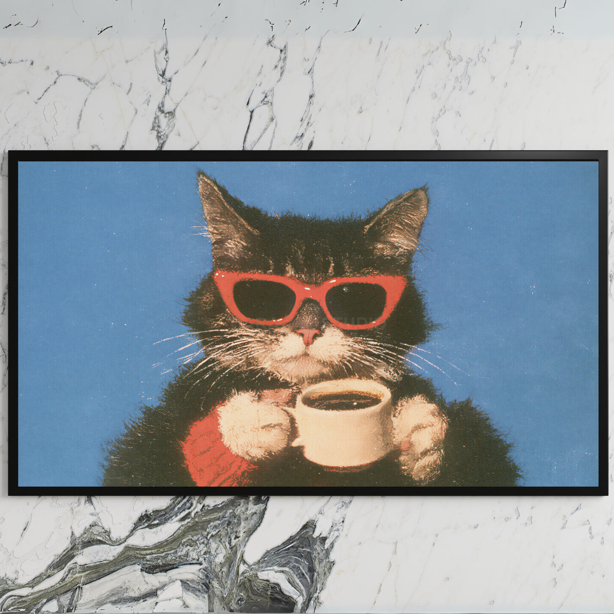 Coffee cat in sunglasses art on a black TV on a white marble wall